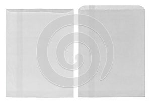 Closeup of wrinkly thin white grocery paper bag, blank front and photo