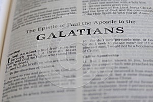 Closeup of "The Epistle of Paul the Apostle to the Galatians" in Holy Bible photo