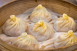 Closeup of Xiao Long Bao streamed pork dumplings