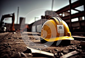 A closeup of yellow construction helmet in the construction site background