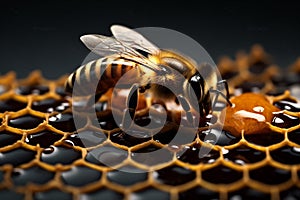 closeup yellow macro insect gold bee honey nature food pollen background. Generative AI.