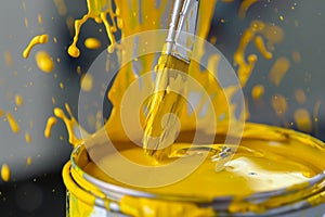 closeup of yellow paint splashing as brush dips into can