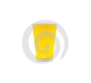 Closeup yellow paper cup with drop of water isolated on white background with clipping path