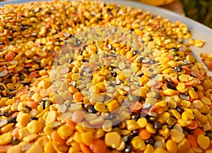 Closeup of yellow pulses, food grains and lentils photography, protein rich food background, legumes backdrop wallpaper