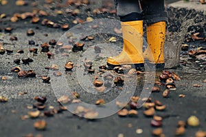 closeup on yellow rubber boots of a child that jumps wildly in a puddle on a street after a rain on an autumn day