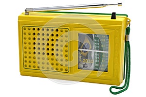 Closeup of yellow vintage retro radio on white background.Clipping path included.