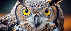 Closeup of a yelloweyed Eastern Screech owl staring at the camera