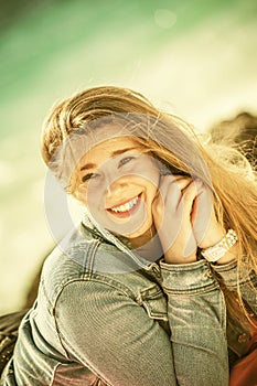 Closeup of young attractive woman on beach at bahamas