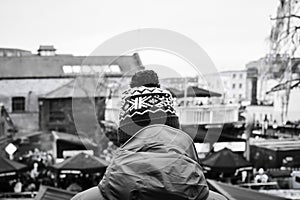 Man at Camden Lock in black and white photo