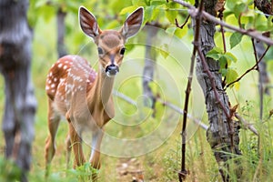 closeup of a young fawn grazing near a vineyard