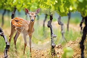 closeup of a young fawn grazing near a vineyard