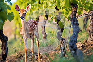 closeup of a young fawn grazing near a vineyard