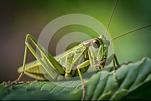 Closeup young green grasshopper on a leaf. Generative AI