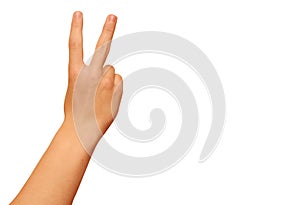 Closeup of young man hand victory sign gesture