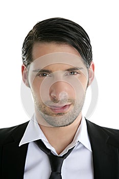 Closeup young man portrait black suit and necklace