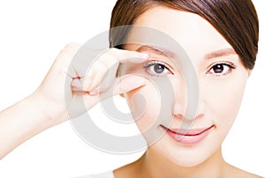 Closeup of young smiling woman eyes makeup