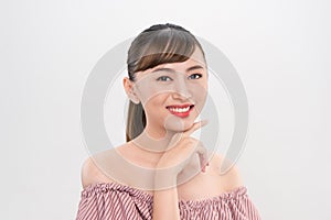 Closeup young smiling woman face  on white