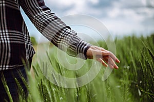Closeup of a young woman farmer`s hand at the green wheat field touching spikelets. Female farm worker checking the