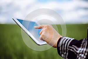 Closeup of a young woman`s hands wearing checkered shirt checking harvest progress on a tablet at the green wheat field