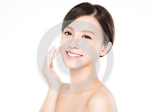 Closeup young woman smiling face with clean skin