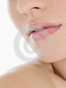 Closeup Of Young Woman Wearing Pink Lipstick