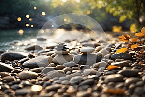 closeup Zen like outdoor scene near water and stones. ai generative