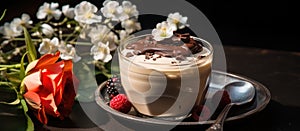 Closeup of Zuppa Inglese dessert in glass on plate with raspberries and flowers