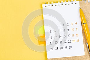 Closing month calendar for 2021 on yellow background, planning a business meeting or travel planning concept