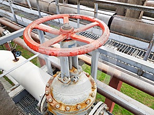 Closing or opening for gas or water supply through a pipeline. Shut-off valves on the pipeline close-up