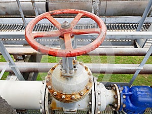 Closing or opening for gas or water supply through a pipeline. Shut-off valves on the pipeline close-up