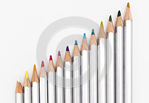 Closuep shot of an accending row of colorful pencils with silver covers