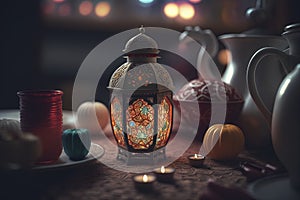 Closup of a lantern with a glowing candle inside, Islamic nuances of Ramadan Kareem