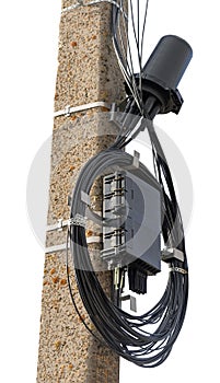 Closure Optical Fiber with black cable isolated on white photo
