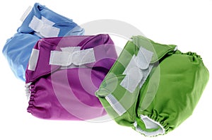 Cloth Diapers in Green, Purple and Blue