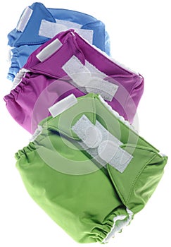 Cloth Diapers in Green, Purple and Blue