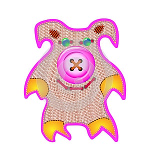 Cloth doll pig pink toy. Handmade work, illustration