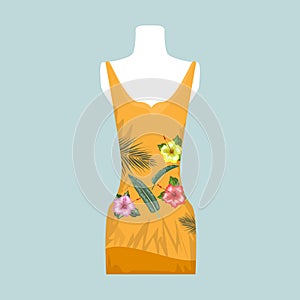 Cloth or dress for woman on white mannequin with tropical leaf and flower texture.Vector illustration.