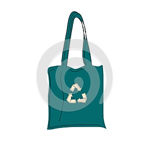 cloth eco bags blank or cotton yarn cloth bags, empty bags and green recycling symbol isolated on white