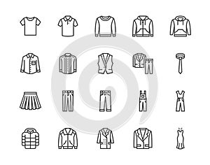 Cloth flat line icons set. Apparel - jacket, hoody, sweatshirt, male pants, polo shirt, jeans, coat, tie vector