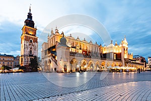 Cloth hall in Cracow, Poland market square, old town at the evening