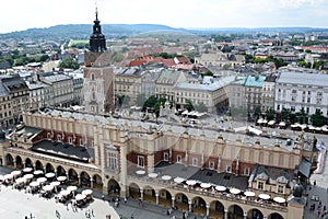 Cloth Hall and the main market square. View from St. Mary`s basilica tower. Krakow. Poland