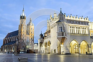 Cloth Hall and Mary`s Church, Krakow, Poland