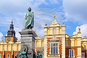 Cloth Hall and A. Mickiewicz monument in Cracow, Poland, Europe.