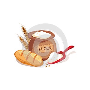 Cloth Sack Of Flour, Scooper And Fresh Bread Set, Farm And Farming Related Illustration In Bright Cartoon Style