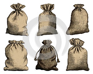 Cloth sacks isolated. Burlap bags vintage engraving, warehouse flour clothing brown packaging vector illustration
