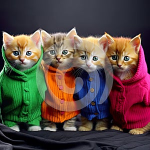 clothed cute cats looking at the camera are the epitome of adorable and stylish pet fashion.