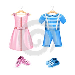 Clothes for baby boy and girl. Realistic pink dress, blue romper and shoes for infant kid