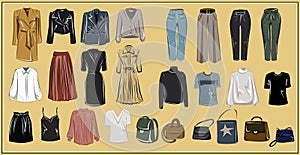 Clothes and bags. Coats and dresses, skirts and blouses, trousers and jeans, backpack and briefcase, handbags. Fashion. The basic