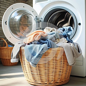 Clothes basket full of newly washed clothes, sits outside washing machine