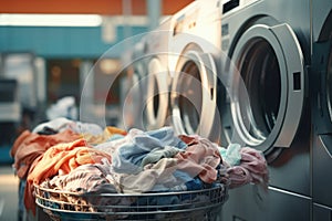 clothes in basket at laundry shop with Modern washing machine .Generative AI